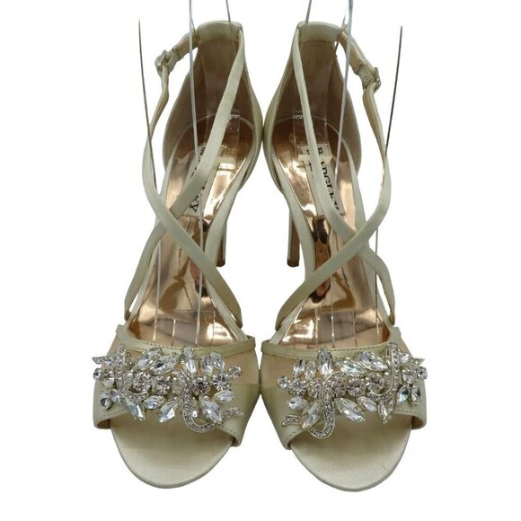 Badgley Mischka Womens 6 Ivory Rhinestone Prom Wedding Strappy Open Toe Heels - Picture 1 of 11